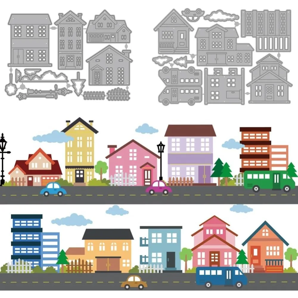 Haus- und Baum-Metallstanzformen, Zaun- und Gras-Stanzformen, Autos, Straßenlaternen, Prägevorlage, Gebäude, Wolken, Kohlenstoffstahl-Schablonen