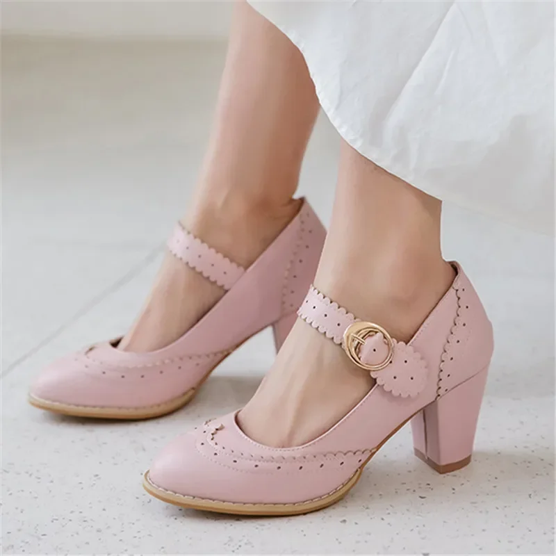 2024 Fashion Womens Shoes Blue  Pink Red Black Block Women Heels Mary Jane Party High Heel Shoes Plus Size 32-43 Pumps