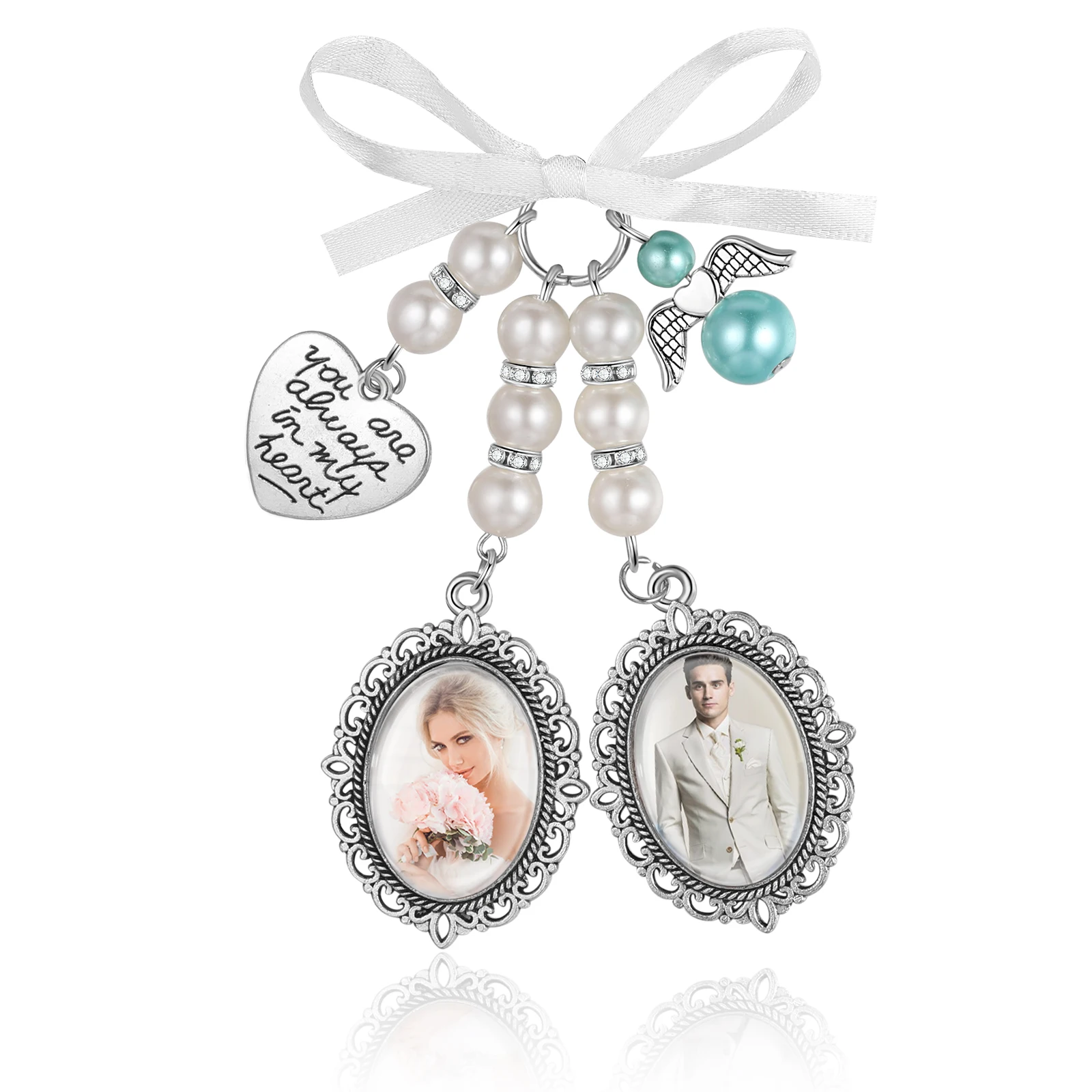 

Custom Wedding Bouquet Charms Personalized Photo Bouquet Charms for Wedding Memory Gifts for Bride Bow Pearl Photo Pins Keepsake