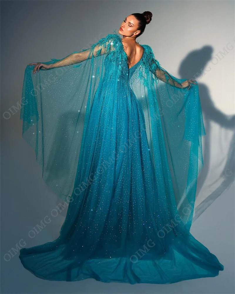 OIMG Blue Feather Princess abiti da ballo formali Puffy Glitter Dubai a-line abito da sera Arabia saudita Shiny Pageant Party Gowns