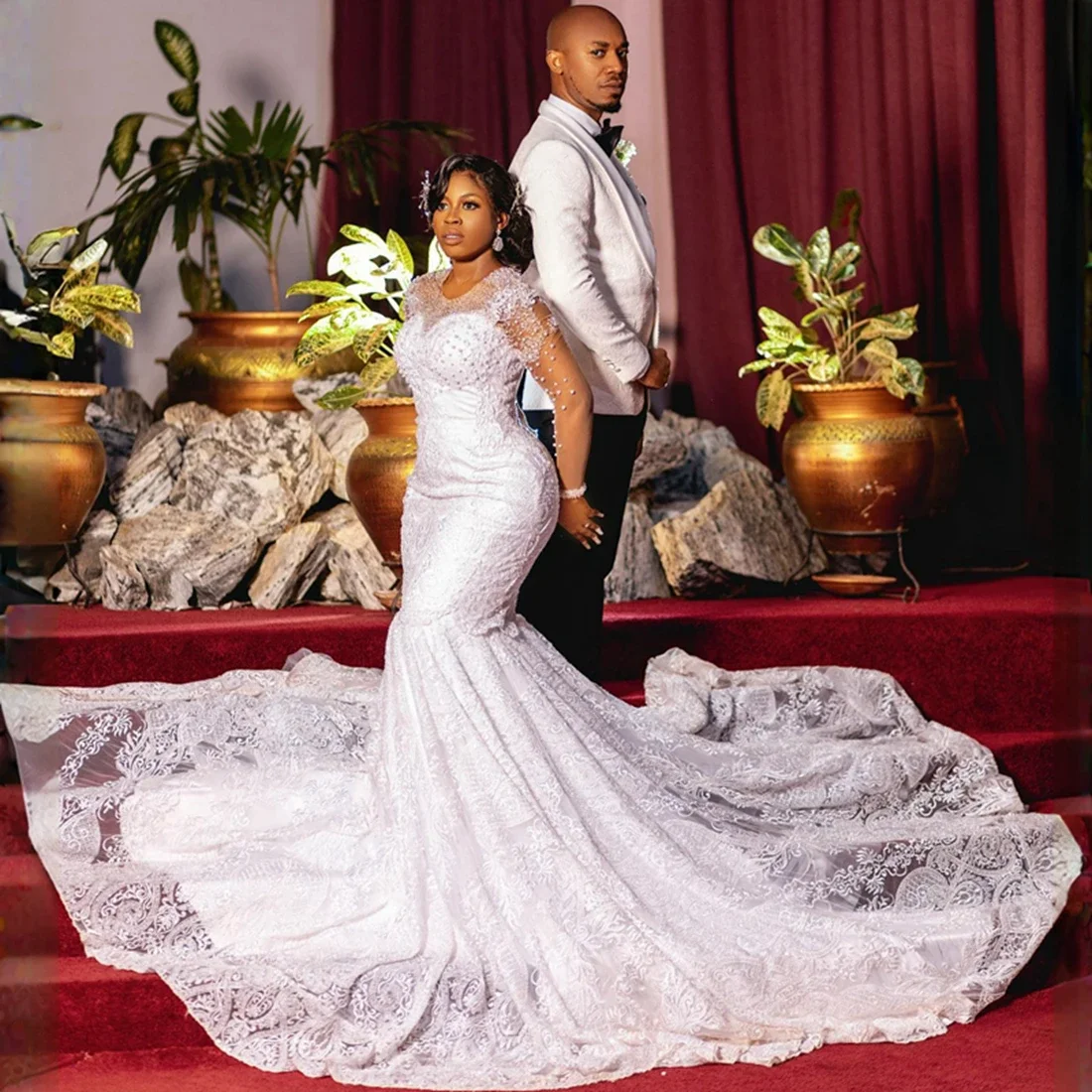 

Customized Fashion African Arabic Appliques Bead Wedding Dress Vestidos De Novia Long Sleeves Corset Back Plus Size Marriage