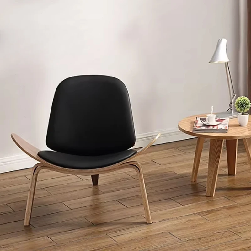 High-Quality Solid Wood Shell Chair - Three-Legged Ash Plywood, Black Faux Leather Living Room Furniture, Modern Leisure Chairs