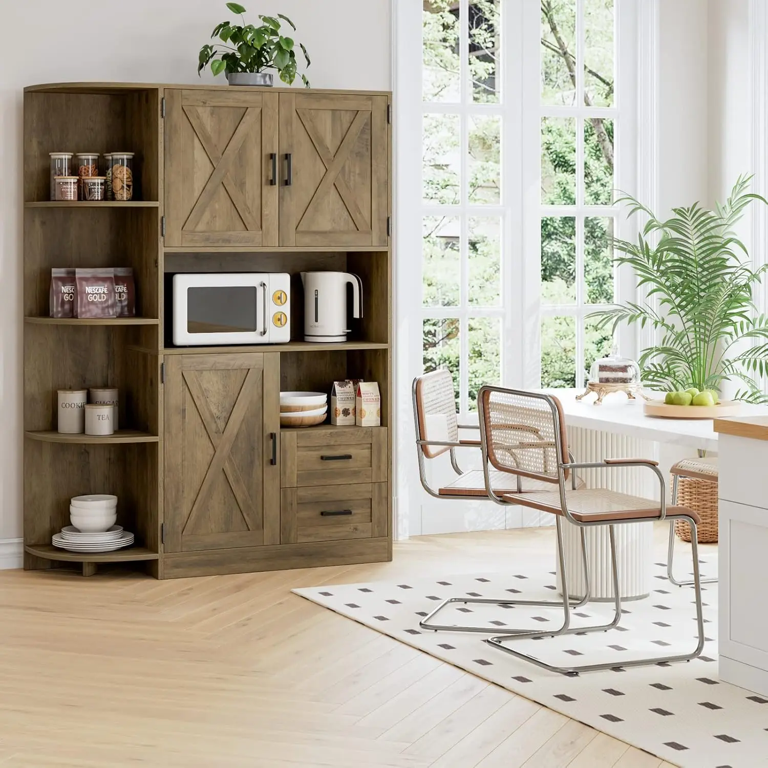 60.4" Farmhouse Kitchen Pantry Storage Cabinet, Freestanding Hutch with Doors & Shelves, Buffet Sideboard