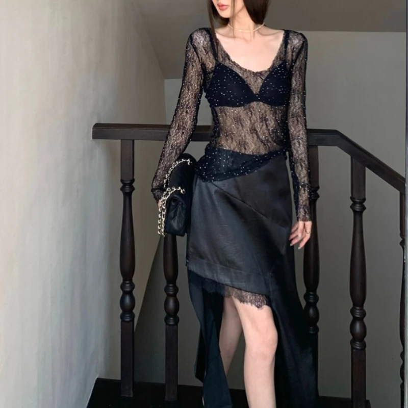 

Vintage Korean Retro Thin Rhinestone Long-sleeved Slim-fit T-shirt + Lace Stitching Asymmetrical Skirt 2 Pieces Sets Y2k Suit