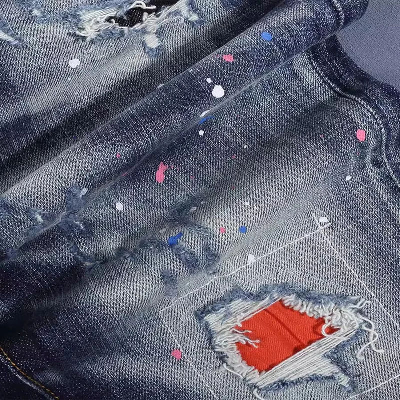 Y2KStreet Fashion New Jeans Painted Perforated Red Patch Washed Nostalgic Jeans Designer Hip Hop Brand Deep Blue Pants Hombre