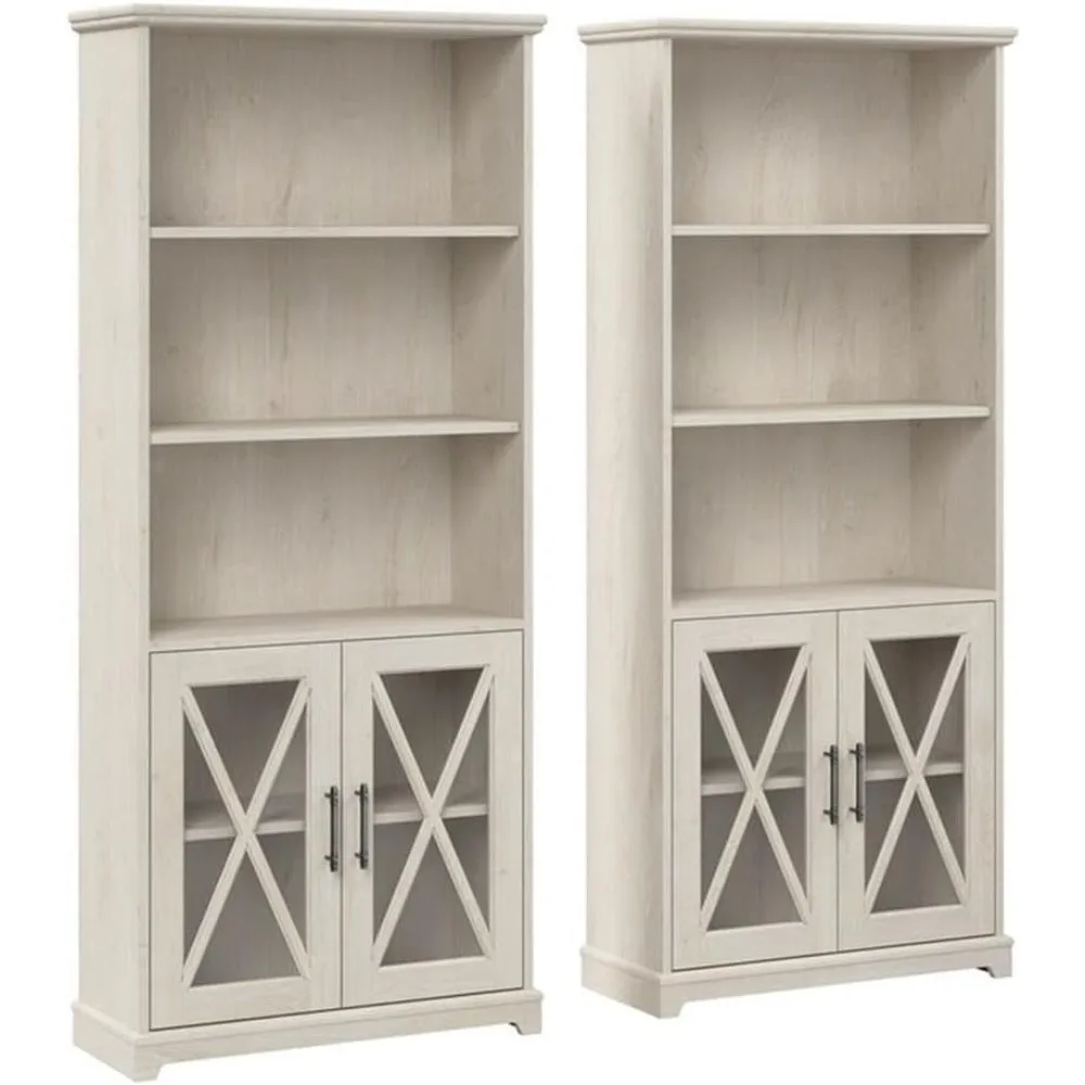 

Lennox Tall 5 Shelf Bookcase with Glass Doors - Set of 2 in Linen White Oak | Farmhouse Bookshelf Cabinets for Living Room