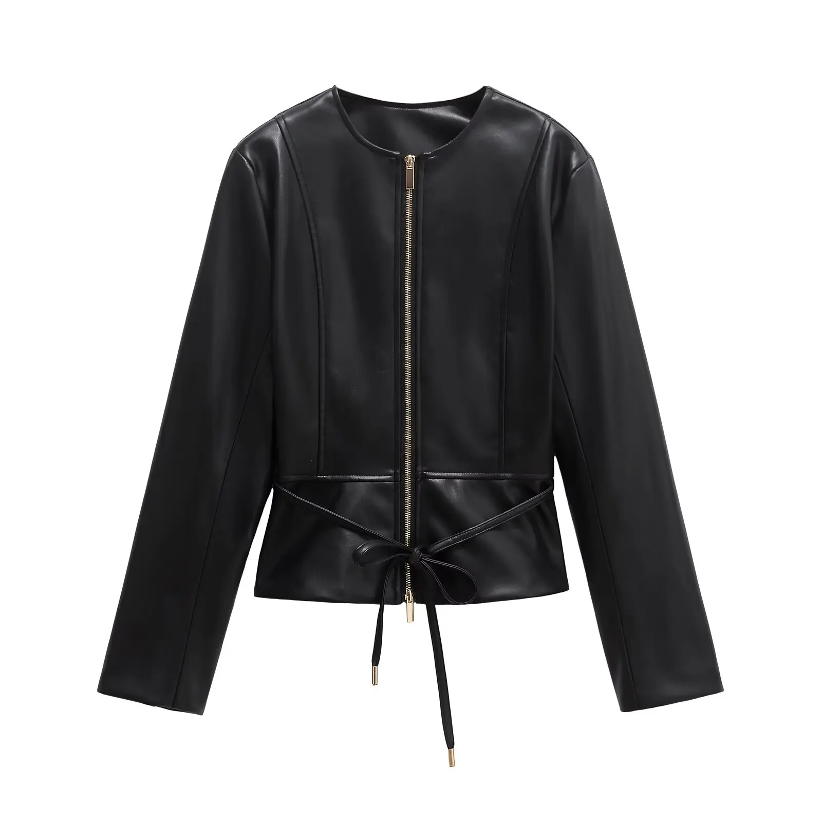 

leather round neck long sleeved jacket slim fit jacket Summer new women's short skirt style hem imitation