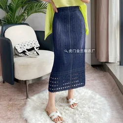 Women's Hollowed Out Printed Denim Inspired Skirt, Fashionable Pleats, High Elasticity, Versatile Summer Women's Clothing