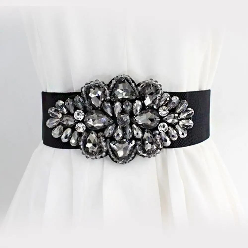 Simple Flower Elastic Cummerbunds Korean Style Strap Belt Women Waistband Wide Black Rhinestone Waist Belt Jacket