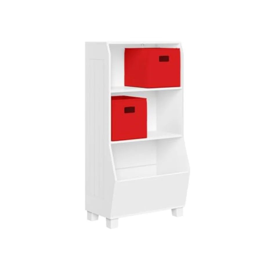 

Bookshelf with Veggie Storage and 2 Open Shelves and 2 Red Fabric Bins - Storage Organizer Toy Shelf Book Shelf with Deep Veggi