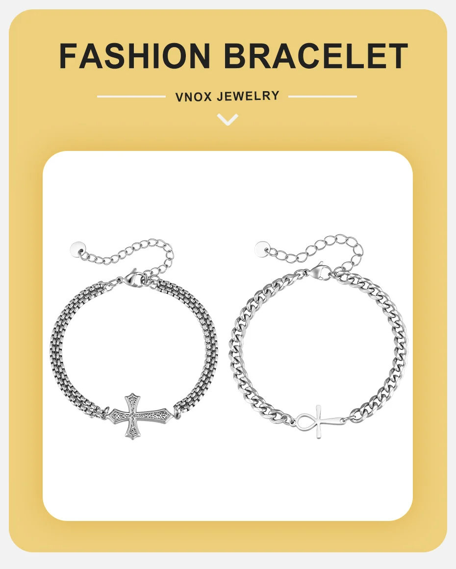 Vnox Edelstahl-Kreuz-Ankh-Charm-Armband für Männer und Frauen, kubanische Box-Kette, verstellbar 18–23 cm, gotischer religiöser Schmuck, Geschenk – Detail 1