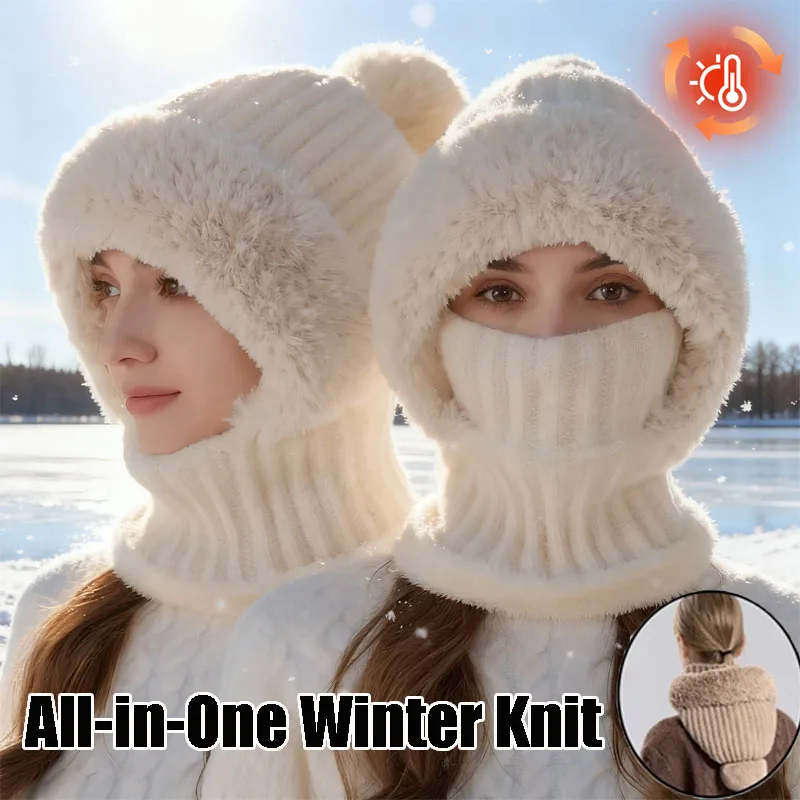 Damen-Strickmaske mit Fleece-Futter, Winter-Gesichtsbedeckung, Schal, Kopfbedeckung für kaltes Wetter, Plüsch-Halsmanschette