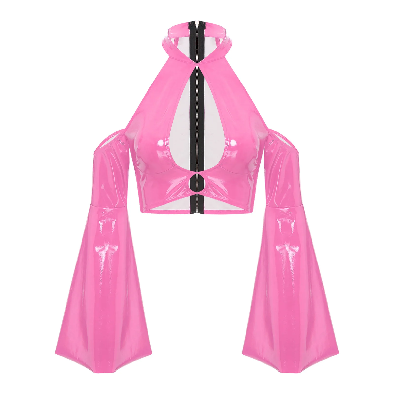

Women PU Leather Hollow Out Crop Tops Halter Flared Sleeve Zipper Wet Look Shirt Top Clubwear for Raves Dance Party Night Club