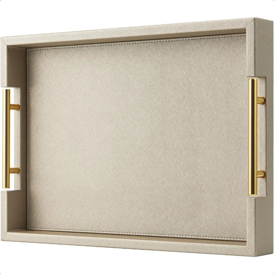 

Champagne Faux Leather Serving Tray with Handles17x12 inches Large Decorative Tray for Ottoman Coffee Table Decor Living Room K