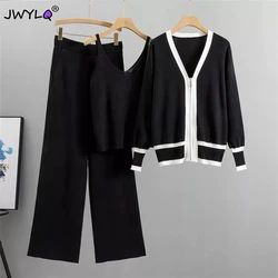 2023 3 Piece Set Women Sexy Vest + Long Sleeve Zipper Cardigan Sweater Coat+ Elastic Waist Pants Women's Streetwear Knitted Suit