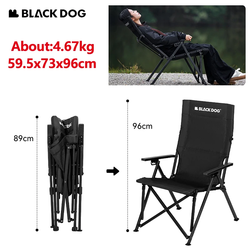 Naturehike BLACKDOG Camping Folding Chair Adjustable 600D Oxford Carbon Steel Outdoor Beach High Backrest Recliner Portable