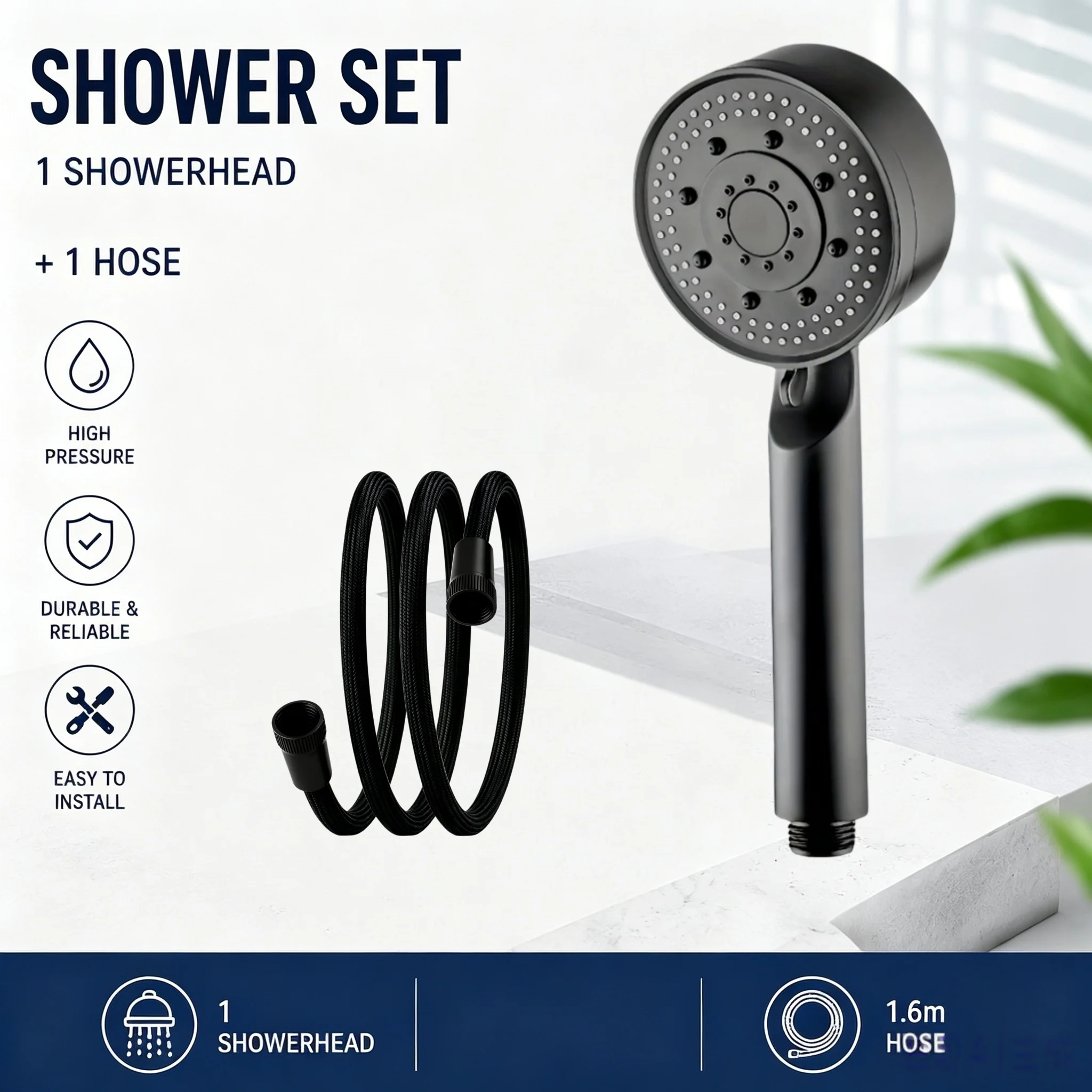 Black Boost Shower Head 5 Adjustable Spray Modes Soft Silicone Nozzles Flexible Shower Hose Bathroom Accessory for Home RV Hotel