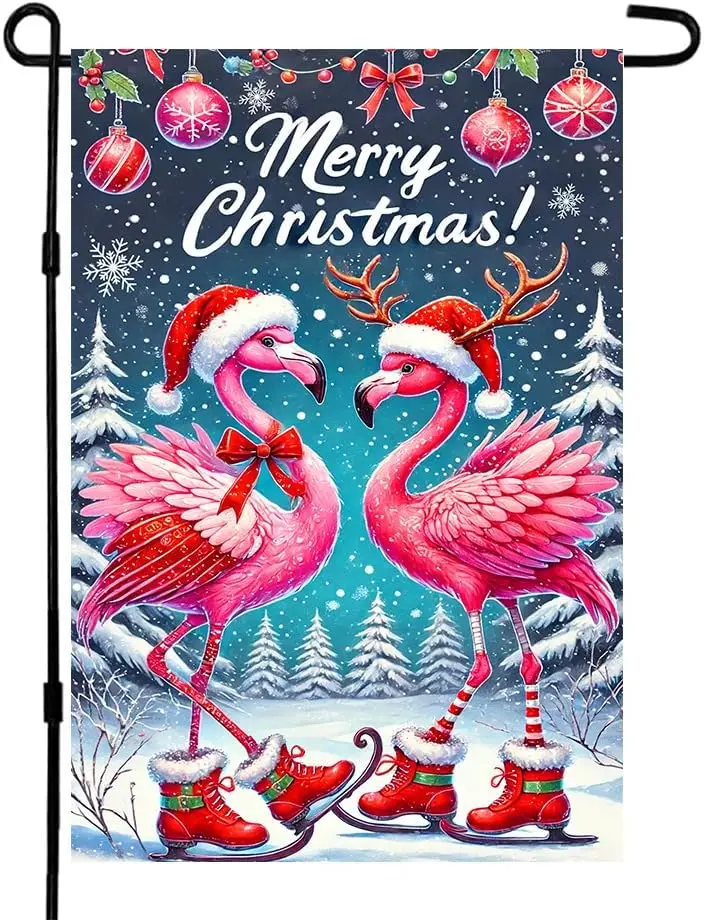 Christmas Flamingo Garden Flag 12x18 Inch Holiday Outdoor Banner with Two Pink Flamingos in Santa Hats and Ice Skates Winter EEZ