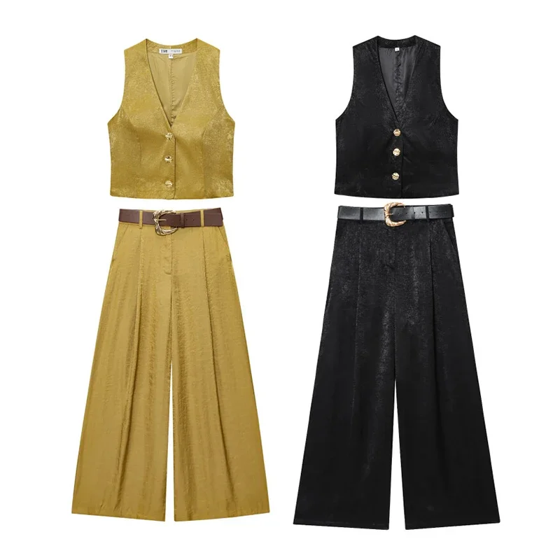 

Элегантный женский шелковый атласный жилет с v-образным вырезом, комплект длинных брюк, брючный костюм, жилет без рукавов на пуговицах, топы, повседневная летняя уличная одежда