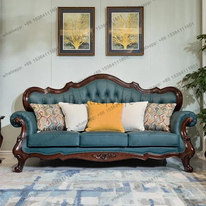 

FGAmerican all solid wood sofa first layer cowhide luxury retro walnut wood carving flower leather 123 combination