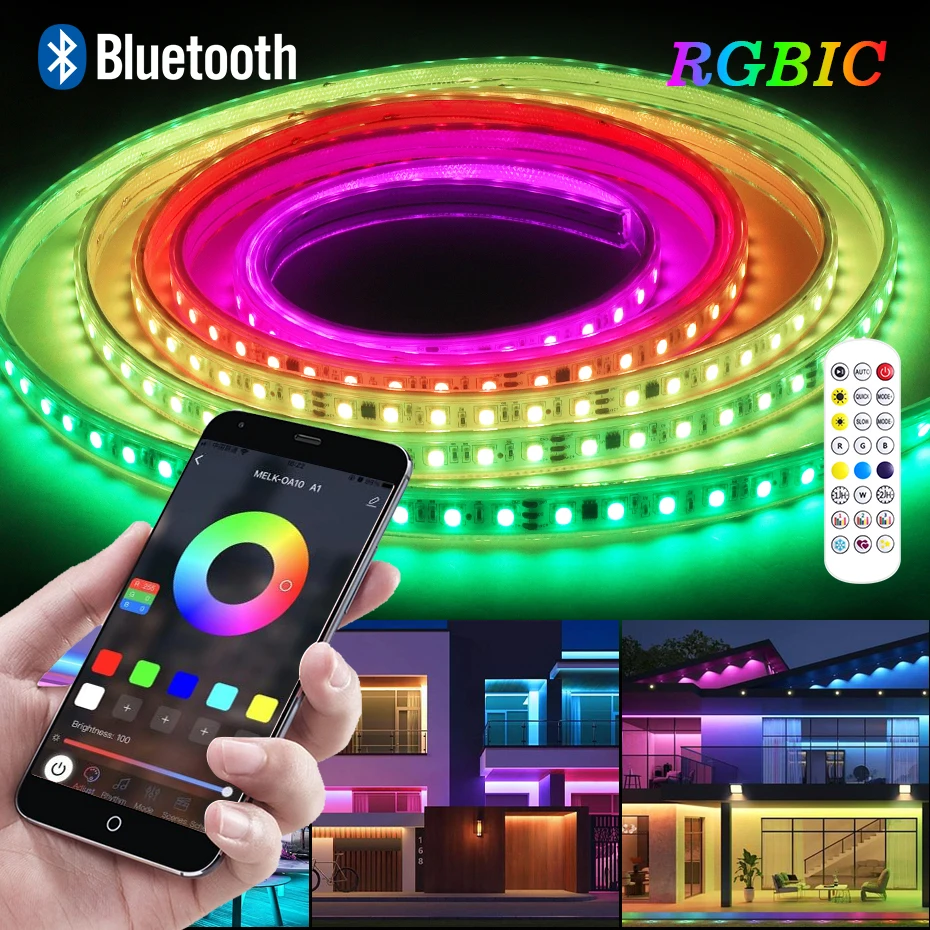 10m 30m 50m Smart 110V 220V RGBIC LED Strip Lights Waterproof Dreamcolor Bluetooth Remote Control Led Tape EU US Plug Home Decor