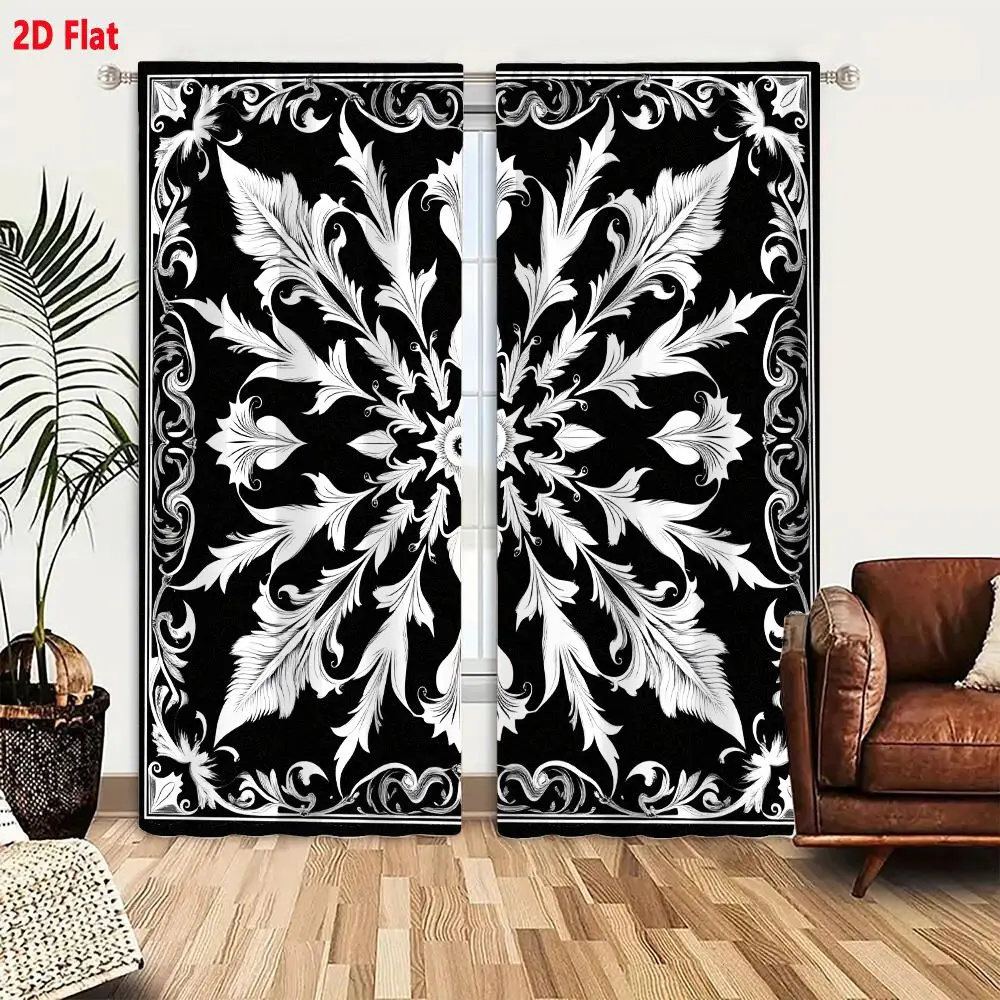 2Pcs Curtains 2D Flat Black And White Bandana Style Baroque Floral Pattern With Radiating Petals And Acanthus Foliage On Solid B