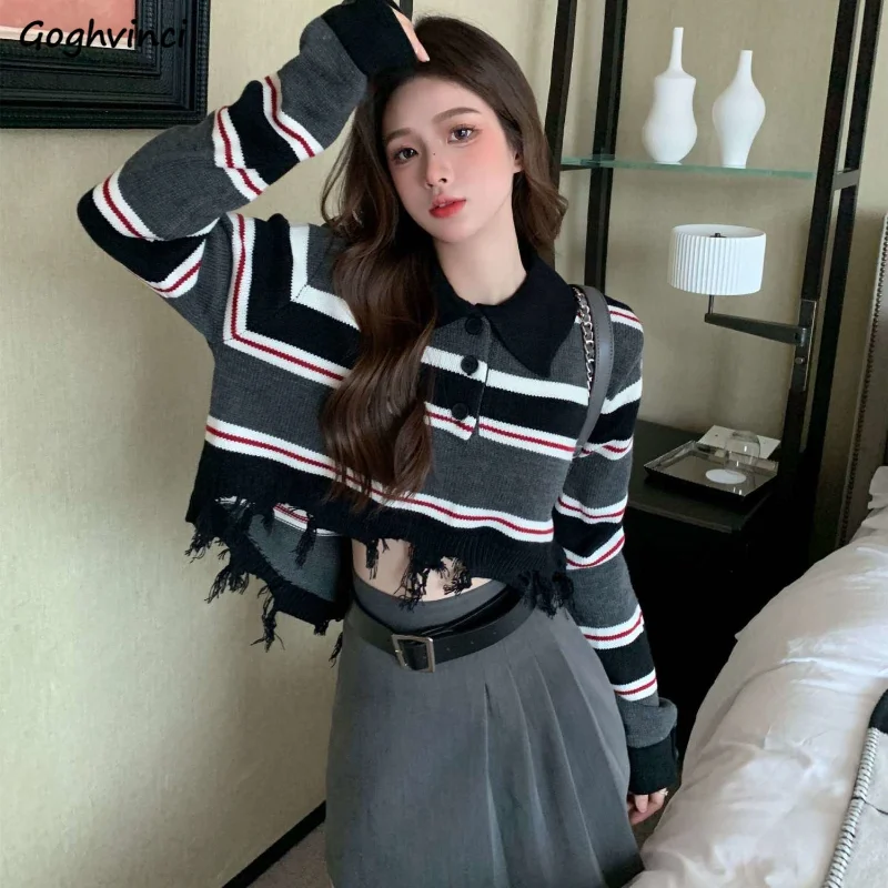 

Pullovers Women Striped Cozy Tassel Ladies Autumn Chic Crops All-match Turn Down Collar Casual Ulzzang Student Street Style Knit