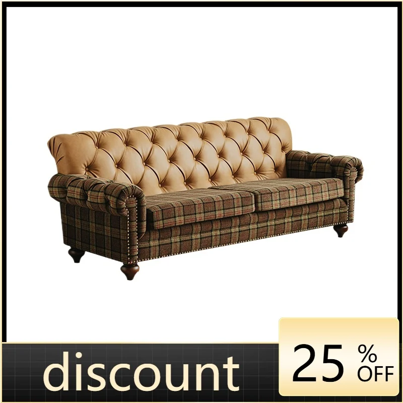 

LMM retro leather sofa fabric ecological leather living room small apartment French style