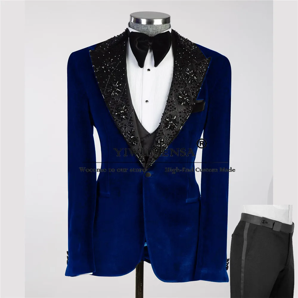 

Luxury Groom Wedding Suits Handmade Crystals Beaded Stones Jacket Vest Pants 3 Pieces Business Men's Tuxedos Terno Masculino