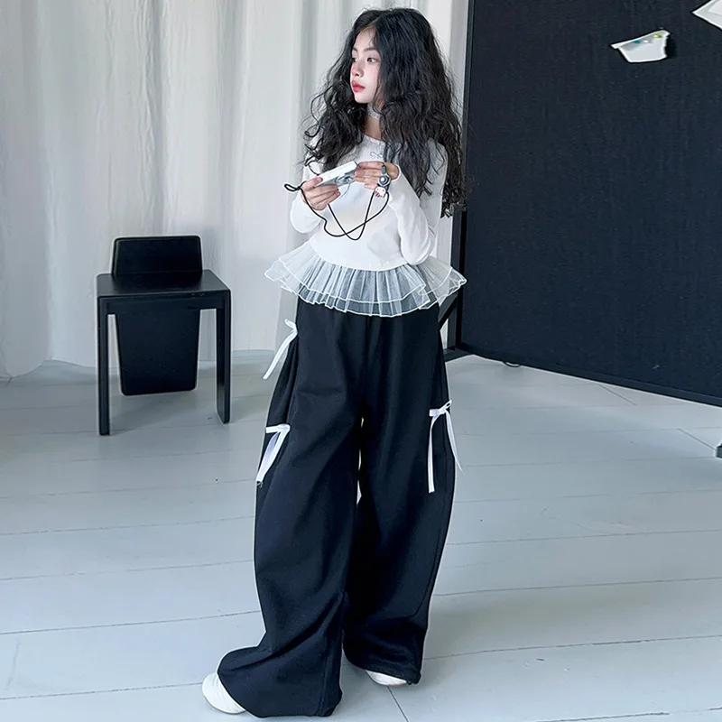

Children Girls Two-piece Outfit Autumn Teenager Girls Lace Patchwork Top Junior Girls Bowknot Wide Leg Pant Kids Girls Sets