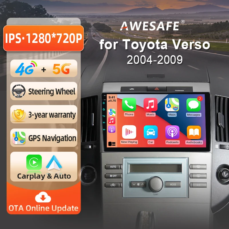 AWESAFE Radio Android 9 pouces pour Toyota Corolla Verso 2004-2010, CarPlay sans fil et Android Auto, navigation GPS, support multimédia, commande au volant, amplificateur de subwoofer, caméra arrière, prise EU, Plug and Play, autoradio numérique DAB+, autoradio 2 DIN, stéréo RDS DSP FM