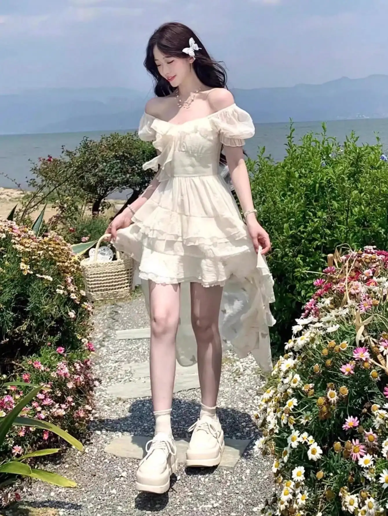 

French Style Elegant Ruffles Holiday Fairy Dresses Women Summer Sweet Irregular Evening Party Princess Dress Casual One Piece