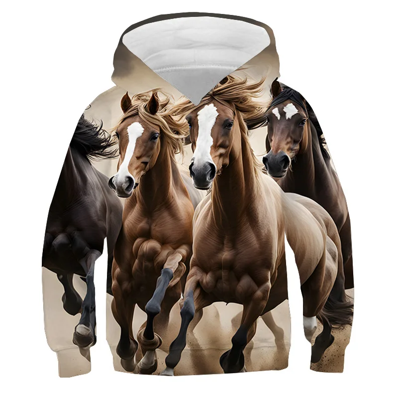 Running Horse Print Hoodies Sweatshirts Autumn Fleece Pullover Boys Girls Tracksuit y2k Sudadera White Horse Hoodie Kids Clothes