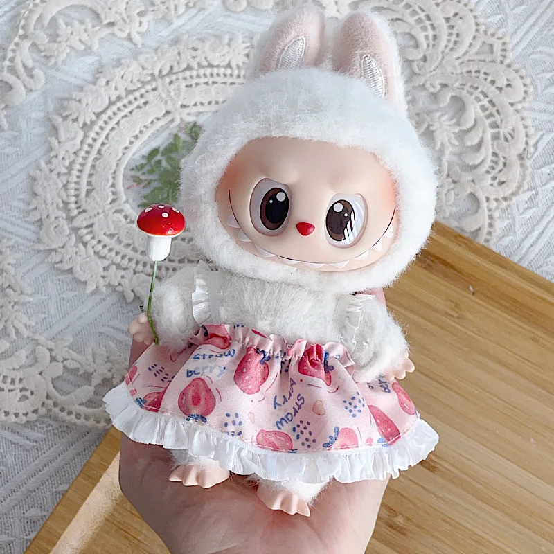 

For 17cm 1st 2nd 3rd Gen Labubu Red Strawberry Dress Set Cute Cartoon Style Outfit for Vinyl Doll Clothing