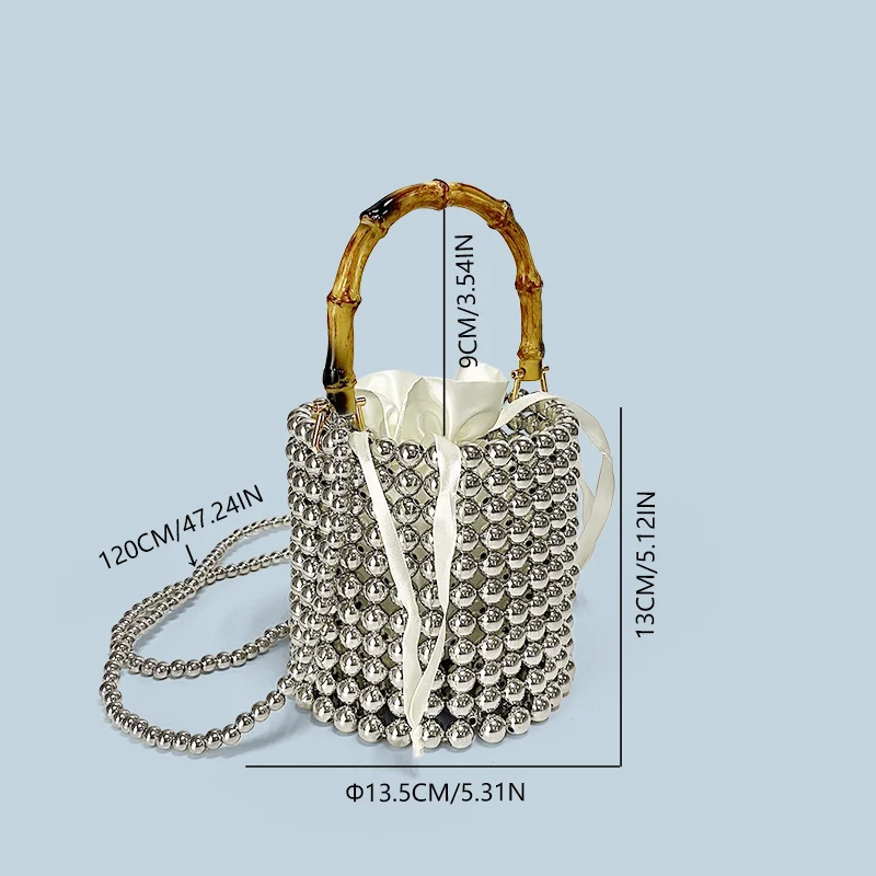 New niche design drawstring bucket bag, pearl chain bag, hand-held bamboo bag, hand woven crossbody bag