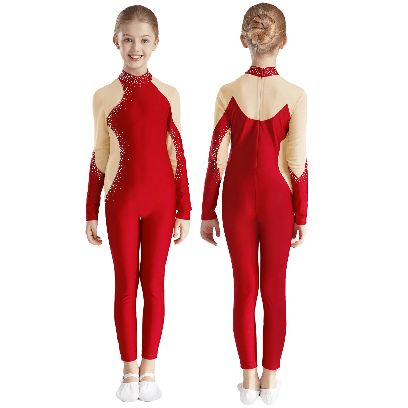 

Kids Girls Rhythmic Gymnastic Jumpsuit Ballet Dance Leotard Bodysuit Rhinestones Acrobatics Figure Skating Competition Dancewear