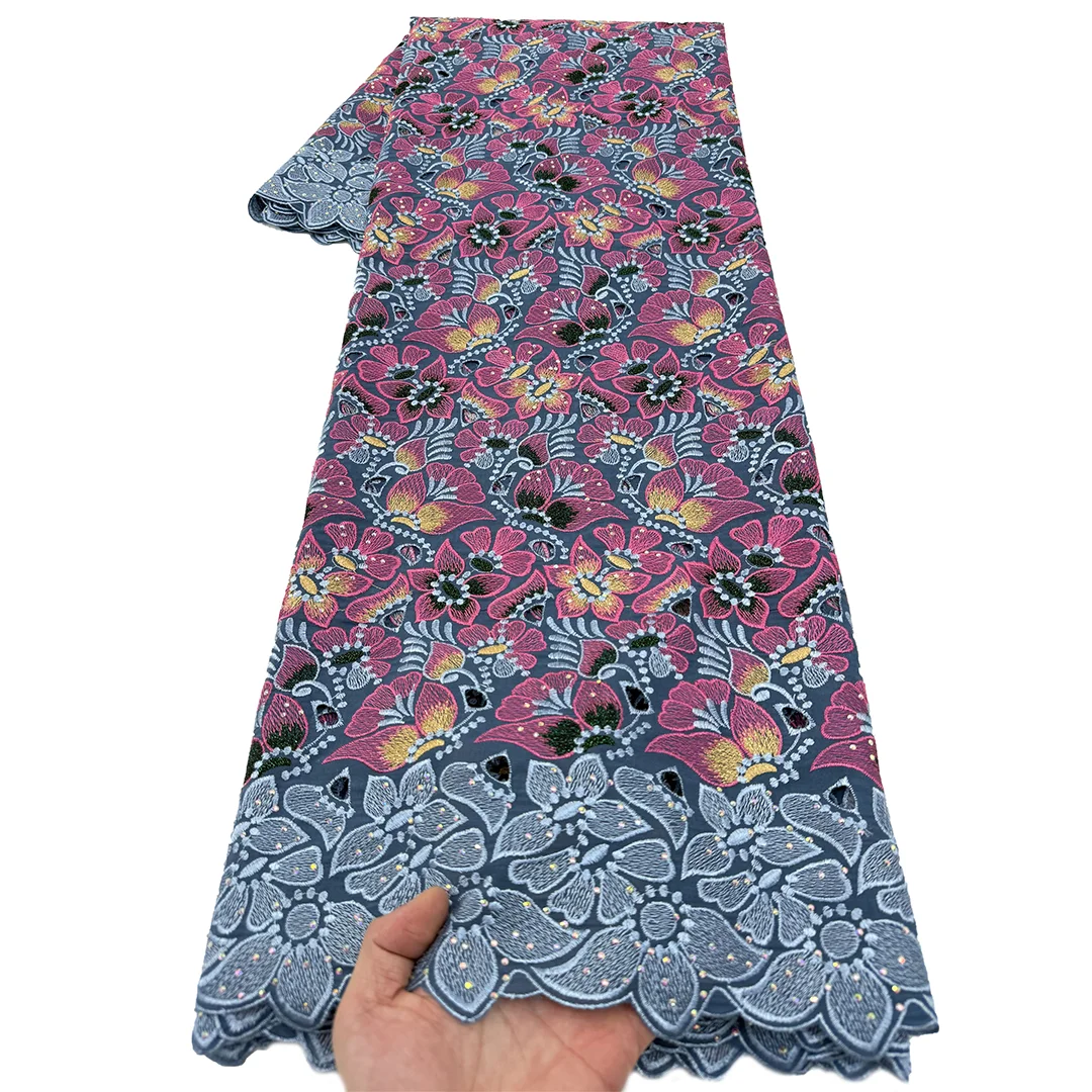 PGC 2026 African Cotton Embroidered Lace Fabric With Stones Nigerian Swiss Voile Lace Fabric For Sewing Wedding Dress