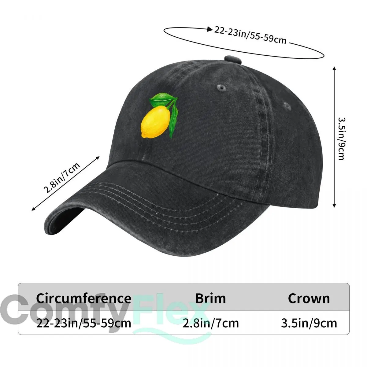 Hand Drawn Lemon Fruit Green Leaves Botanical Art Washed Baseball Cap Outdoor Hat