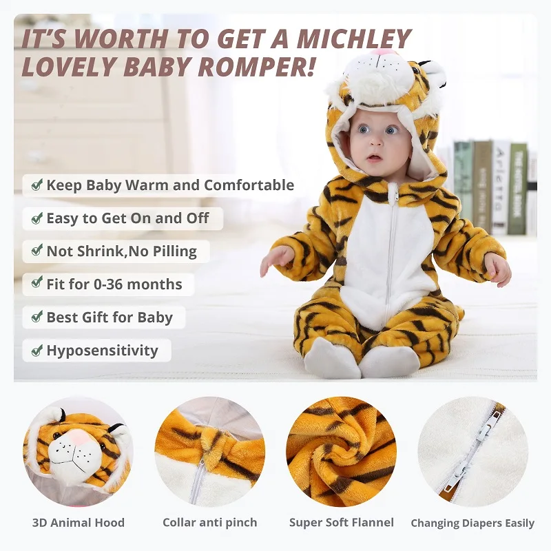 MICHLEY Halloween Flannel Baby Rompers Winter Warm Clothes Costume Hooded Bodysuits Pajamas Cute Overall Jumpsuit For Girl Boy