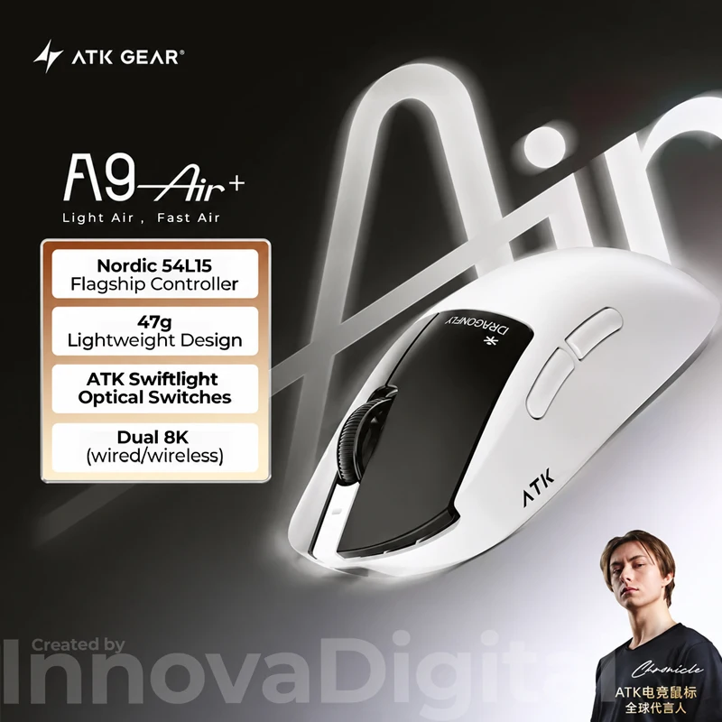 ATK Dragonfly A9 Air Ultimate Plus Wireless Gaming Mouse PAW3955 Master Dual 8K Lightweight Ergonomic E-sports Gamer FPS Mice