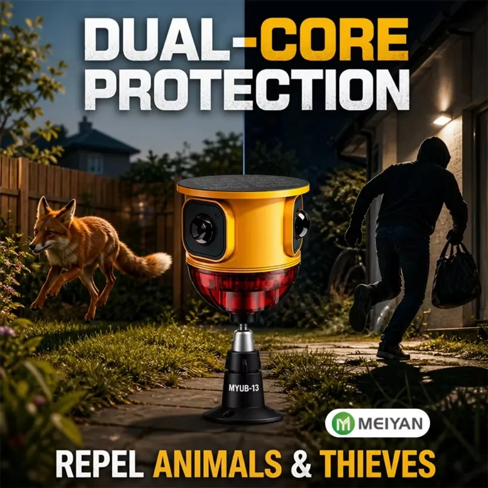 120dB Solar Animal Repeller Security Alarm Motion Sensor 360 Degree Strobe Light 10 Sounds Siren for Farm Orchard Garden Yard