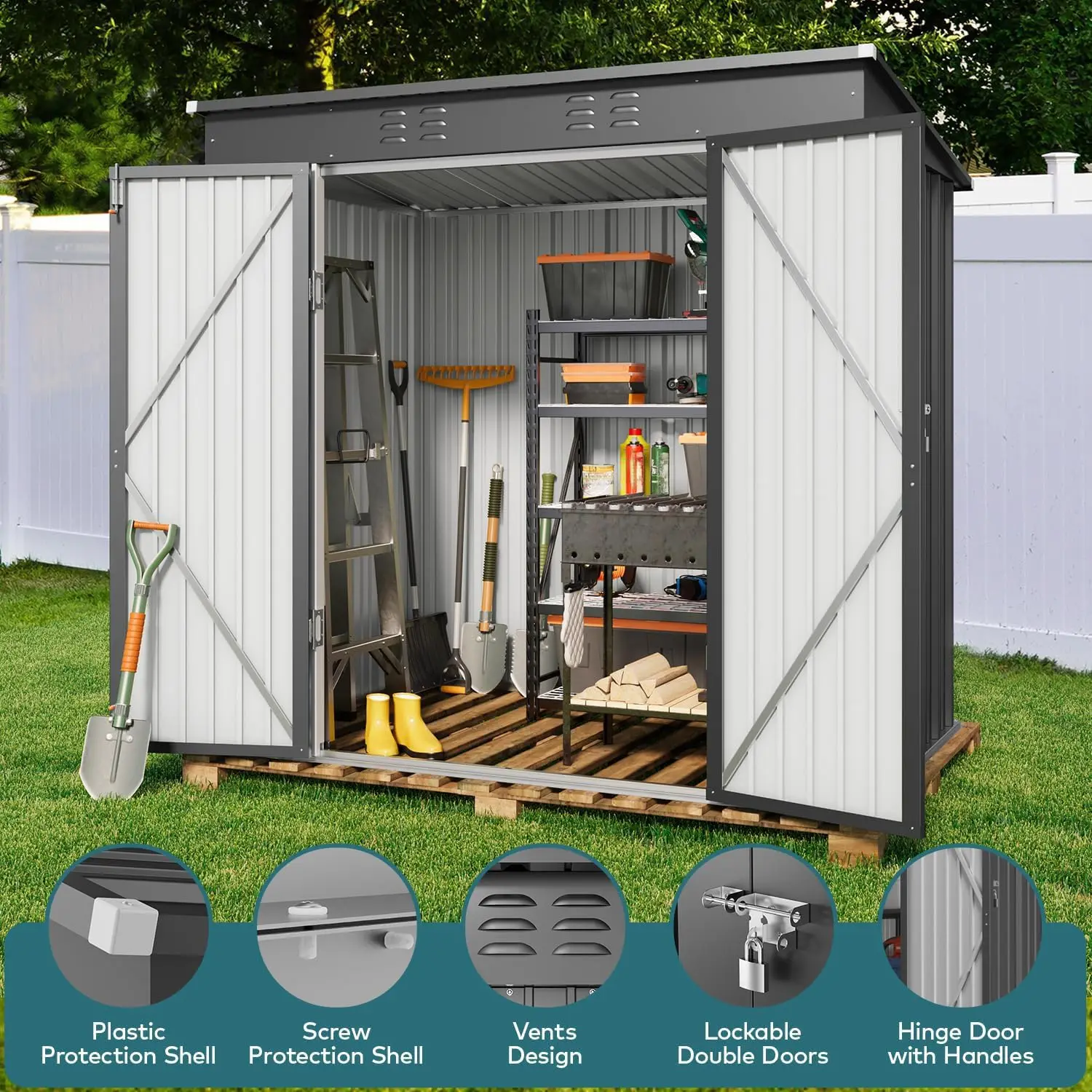 Metal Outdoor Storage Shed 6x4 FT Lockable Doors Garden Tool House, Customized - view 4