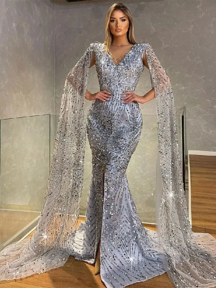 

Sparkly Mermaid Evening Dresses Sleeveless V Neck Straps Capes Sequins Beaded Appliques Front Slit Prom Dresses Custom Made