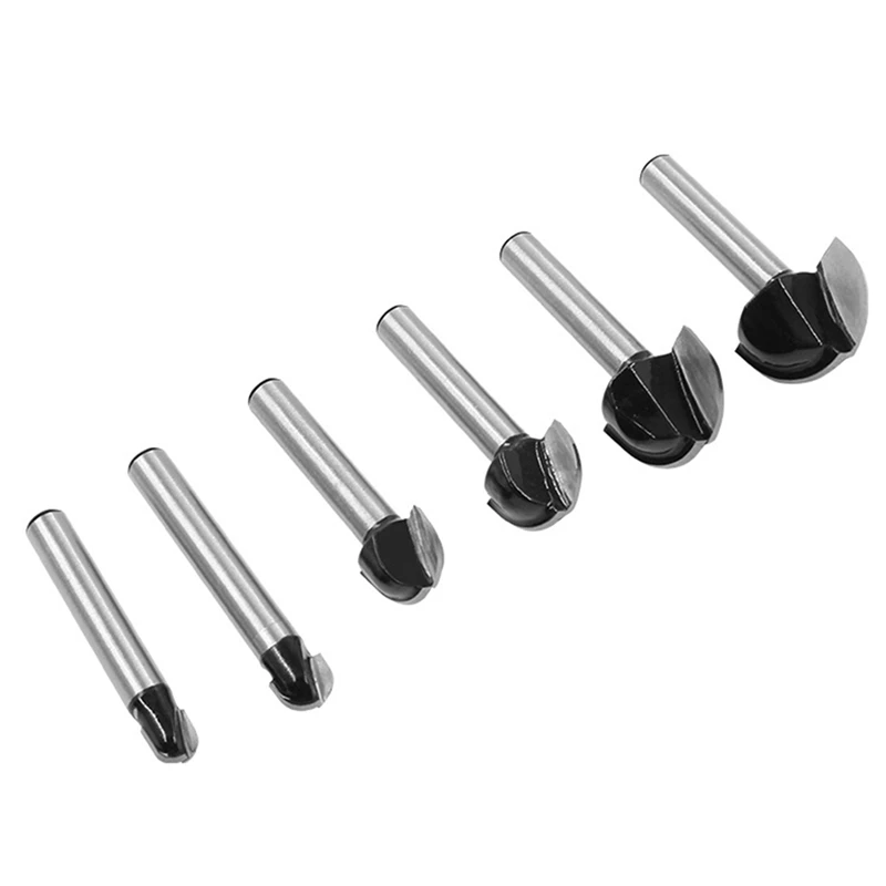 1/4 Handle Woodworking Milling Cutter Set 6Pc Round Bottom Knife Semi-Spherical Head Relief Arc Carving Tool Easy Install