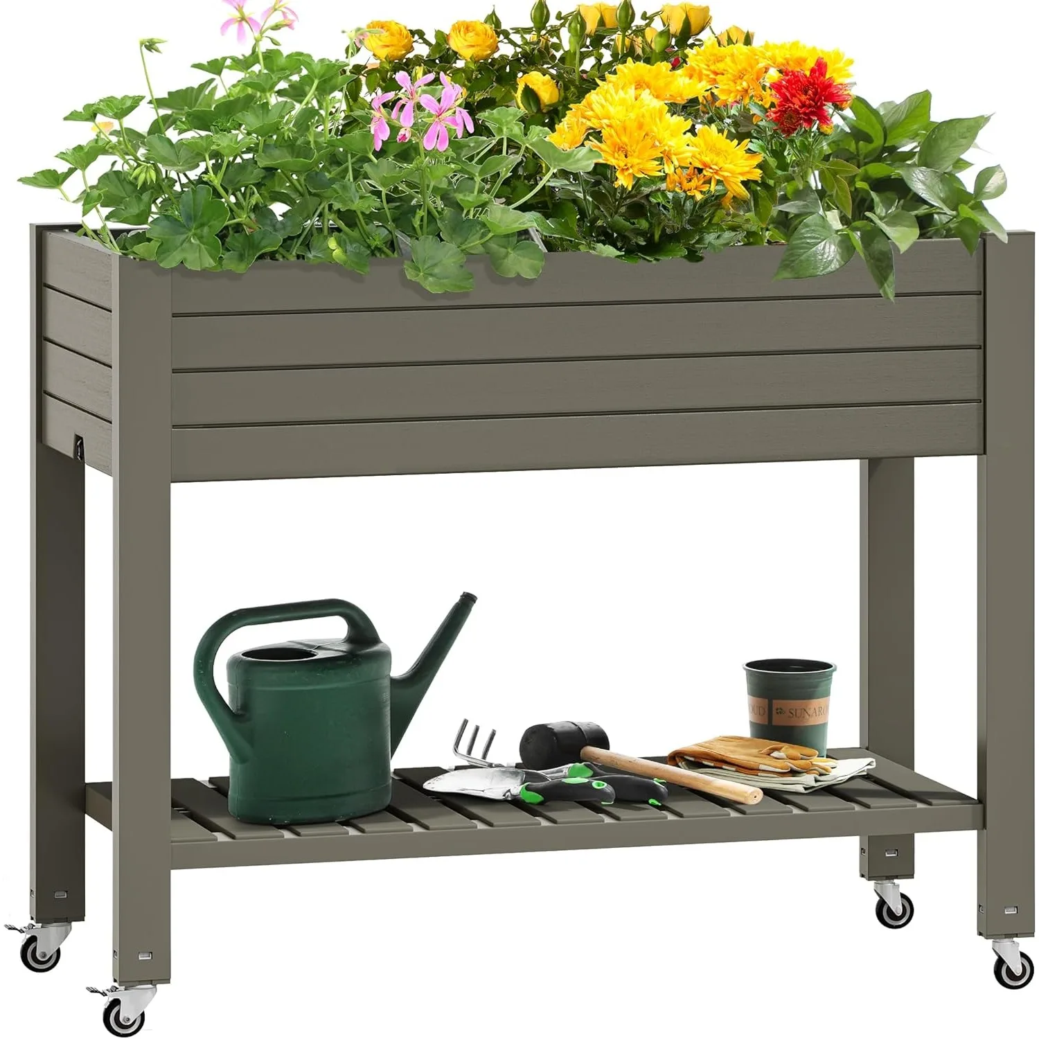 

3.6x1.5x2.8FT Elevated Raised Garden Bed with Legs and Wheels, Outdoor Large Resin Patio Planter Box Stand with Drain Plug