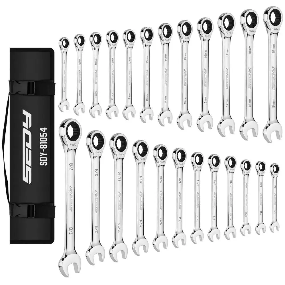 24-Piece Chrome Vanadium Ratcheting Wrench Set Metric Standard Combination with 72 Teeth 12-Point Box End Industrial Grade