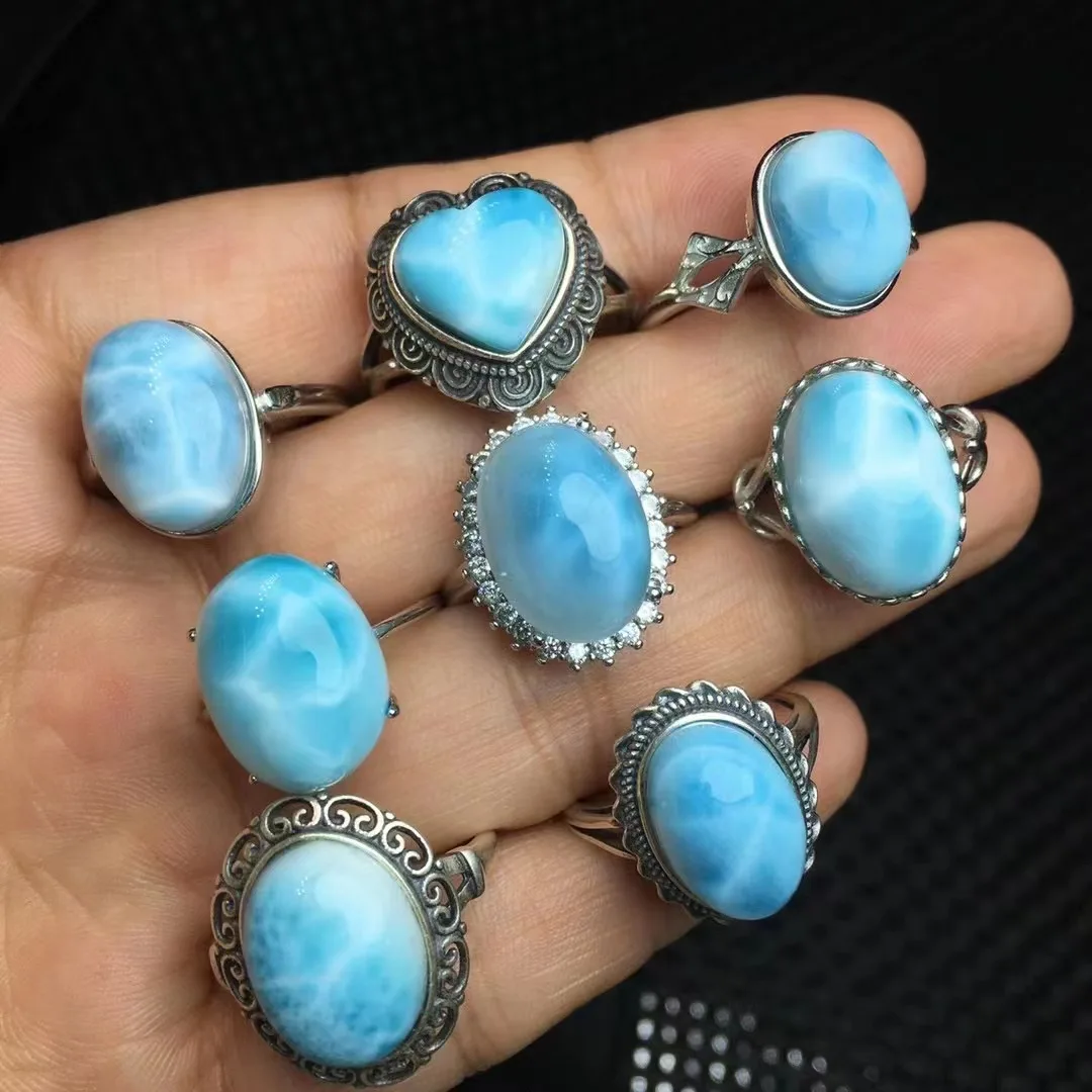 

Unit One Pair 925 Silver With Designed Elegant Natural Larimar Crystal Gemstone Finger-rings Fashion For Jewelry Gift