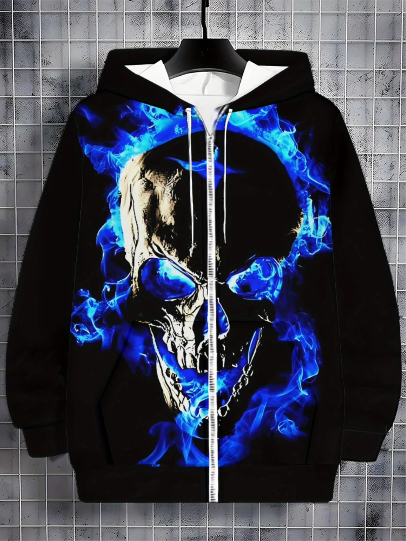Zipper hoodie for menPolyester Hoodie with Blue Flame Skull Design for Outdoor Activities, Lightweight and Durable, Perfect for