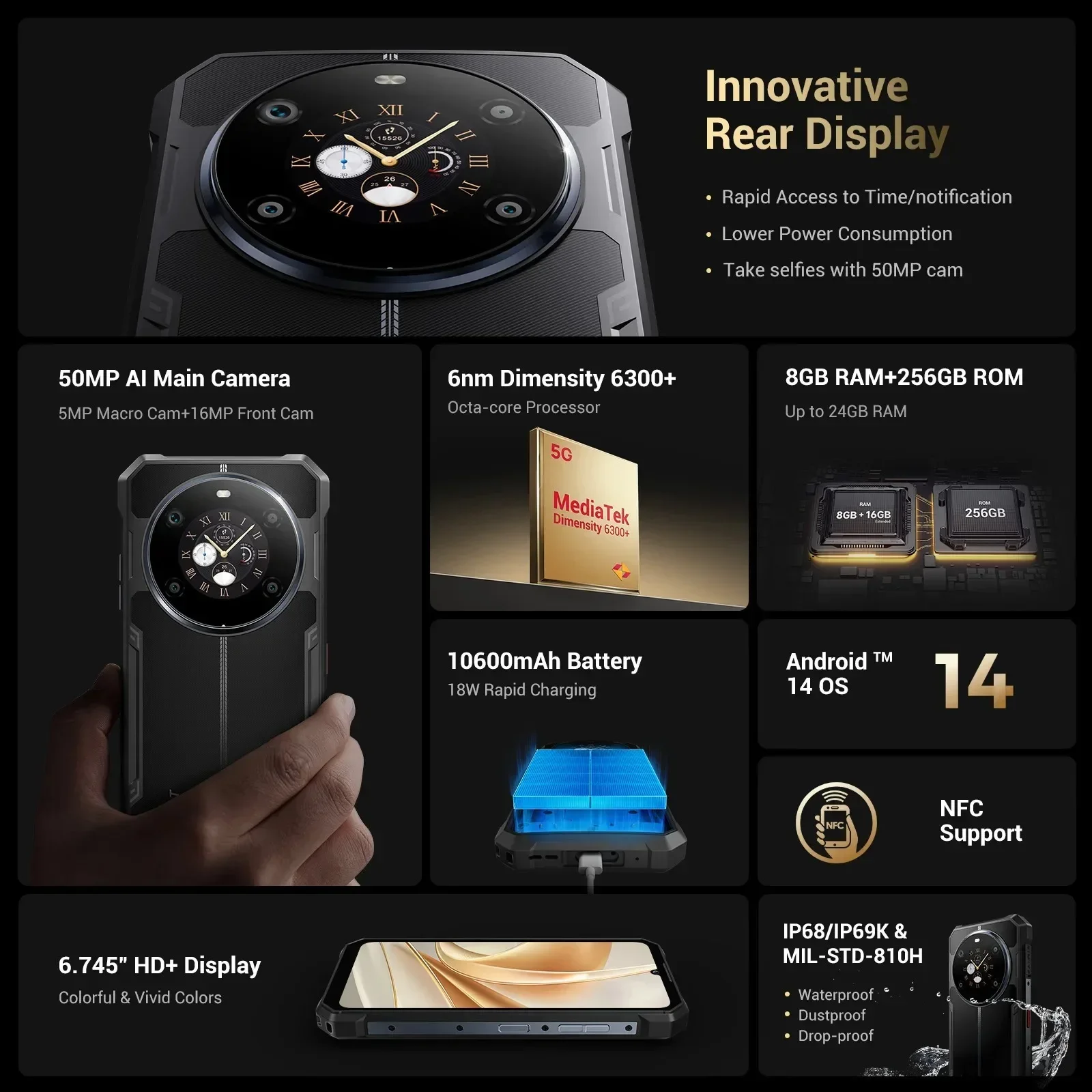 Fossibot 5G Rugged Smartphone F109 Android 14 Dual Display 8GB+256GB Mobile Phone 10600mAh Battery 64MP Face ID Cellphone NFC
