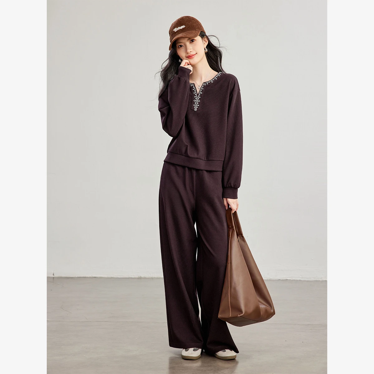 VIMLY Women Commute Casual Tracksuit 2-piece Set 26 Autumn New Round Neck Long Sleeve Sweatshirt Wide Leg Baggy Pants A7569